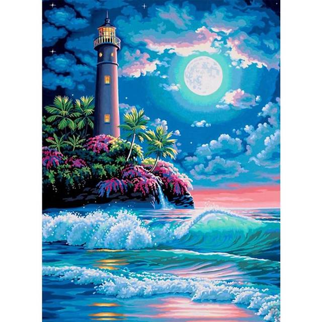 Diamond Embroidery Night Seaside Lighthouse Full Diamond Handicraft Sale 3D Diamond Painting Rhinestone Picture Home Decoration Full Round 20X30CM