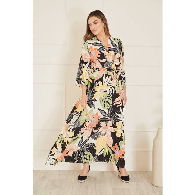 Mela London Womens Black Tropical Print Wrap Midi Dress - Floral viscose - Size 16 UK