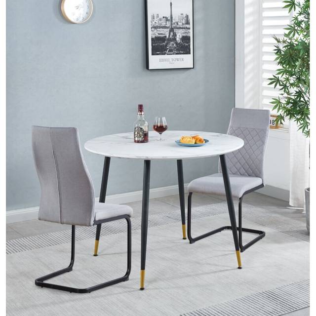 Hallowood Furniture - Finley Small Round Dining Table and Chairs Set of 2, White Marble Effect Kitchen Table and High Back Light Grey Chairs, Dining