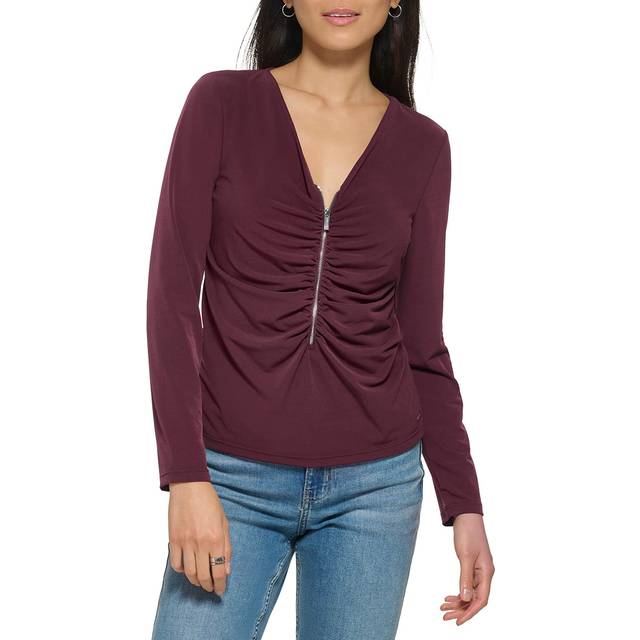 Calvin Klein Women's Everyday Matte Jersey Long Sleeve Ruched Zip Fron