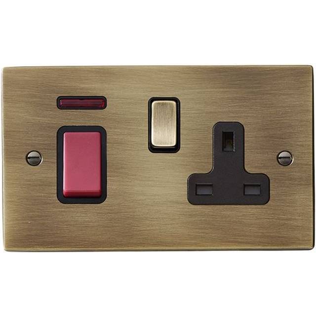 Hamilton Hartland 45A 1 Gang DP Cooker Switch & 13A Switched Socket & Neon - Antique Brass/Black  - 7945SS1AB-B