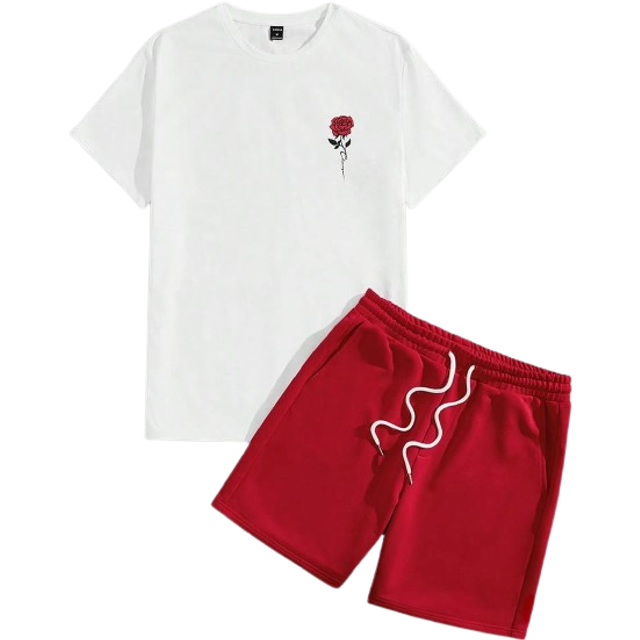 Manfinity Men&#39;s Rose Printed Short Sleeve T-Shirt And Solid Color Drawstring Waist Shorts Casual Two Piece Set, Going Out, Fashion