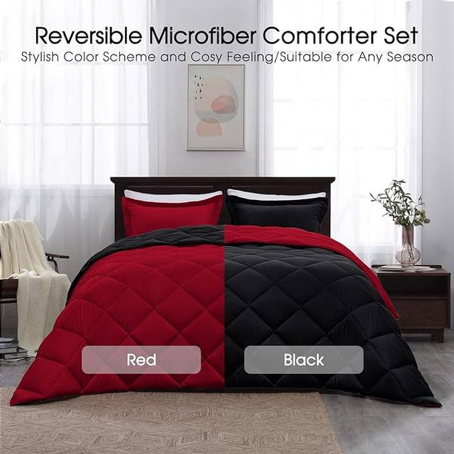 Basic Beyond Queen comforter Set - Red and Black comforter Set Queen Size  Reversible Bed comforter Queen Set for All Seasons  1 comforter 88x92 and 2
