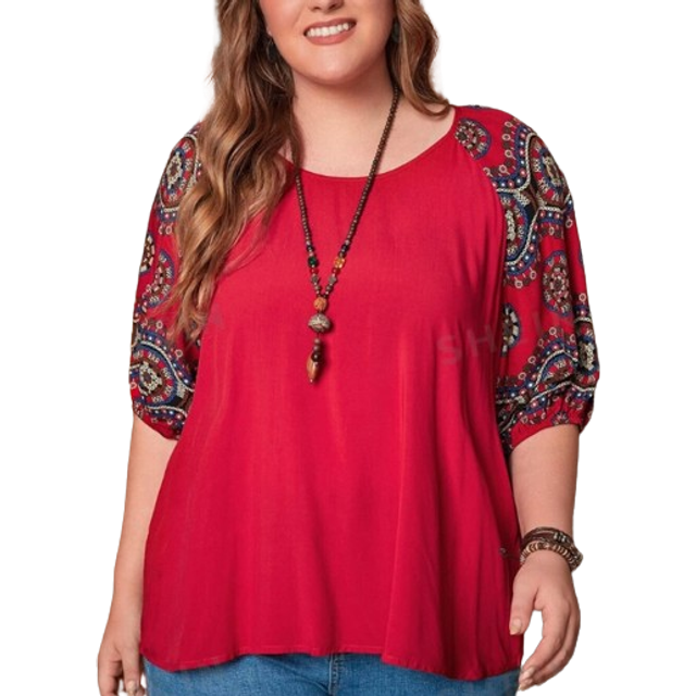 Plus raglanärmad blus med blommönster - Röd (0XL,1XL,2XL,3XL,4XL,5XL)