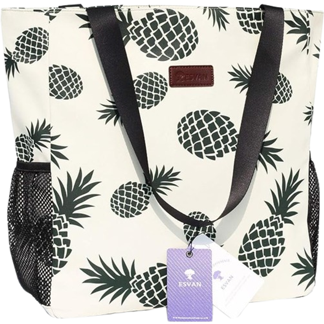 ESVAN Original Water Resistant Large Tote Bag for Gym Beach Travel  Upgraded  White  Pineapple
