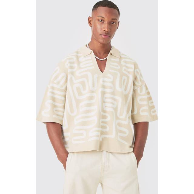 Boxy Oversized Abstract Knit Polo - Beige - M