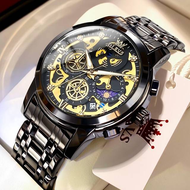 (all black) OLEVS Men's Watches Top Brand Luxury Original Waterproof Quartz Watch for Man Gold Skeleton Style 24 Hour Day Night New Watches