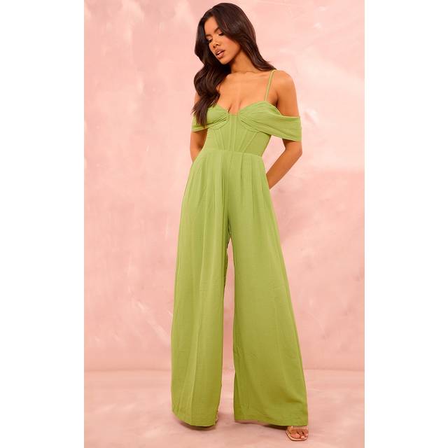 Sage Green Corset Detail Draped Extreme Wide Leg Jumpsuit, Sage Green - 4