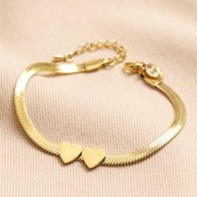Gold Stainless Steel Two Heart Charm Herringbone Bracelet - gold - one size