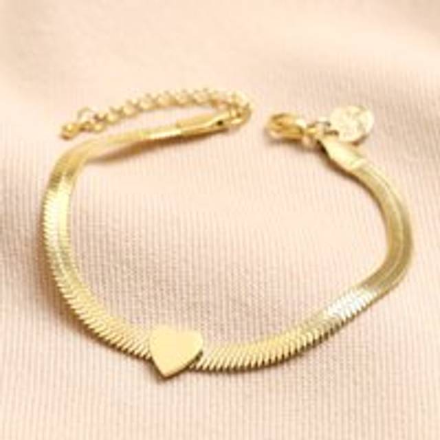 Gold Stainless Steel Heart Charm Herringbone Bracelet - gold - one size