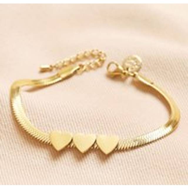 Gold Stainless Steel Three Heart Charm Herringbone Bracelet - gold - one size