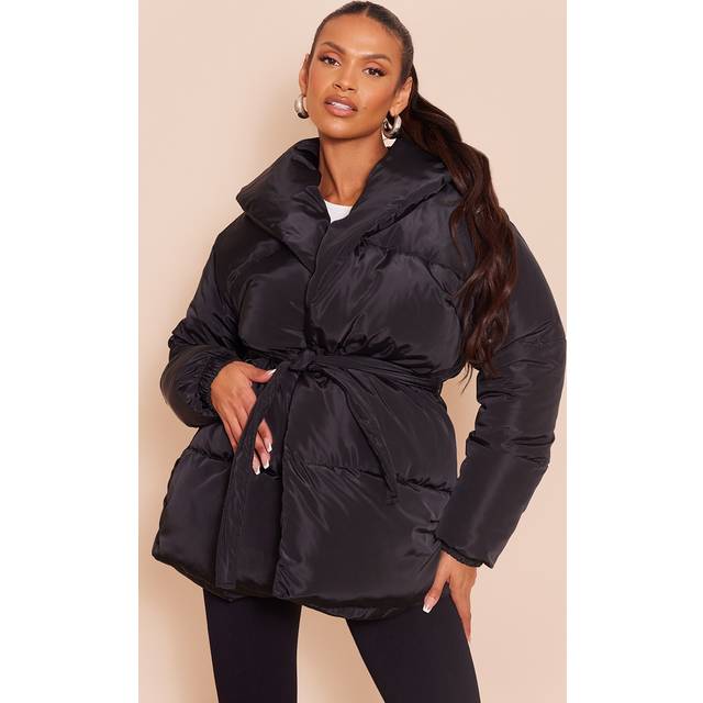 Maternity Black Oversized Collar Belt Puffer Coat, Black - 12