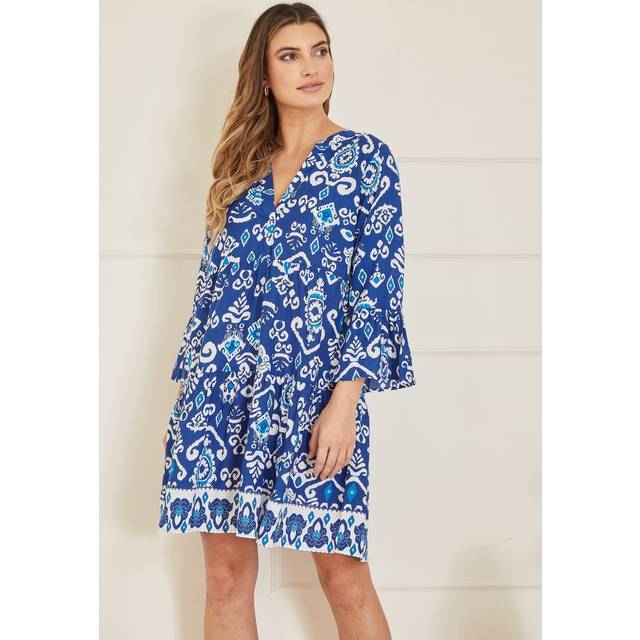 Yumi Womens Blue Ikat Print 3/4 Sleeve Tunic Dress Cotton - Size 8 UK