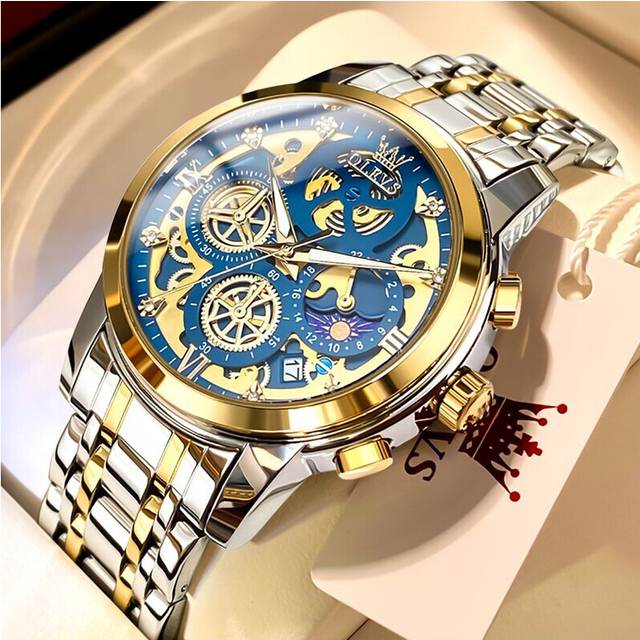 (GDJL) OLEVS Men&#39;s Watches Top Brand Luxury Original Waterproof Quartz Watch for Man Gold Skeleton Style 24 Hour Day Night New Watches