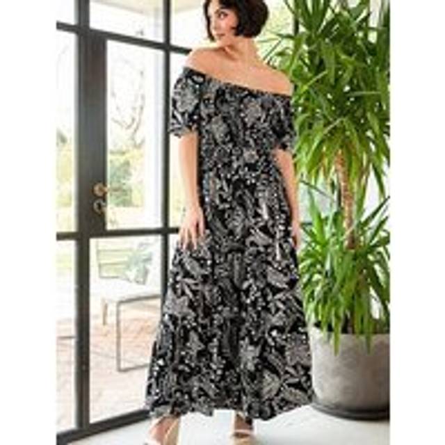 Pour Moi Sadie Shirred Bodice Woven Short Sleeve Maxi Dress - Black/White, Black/White, Size 12, Women