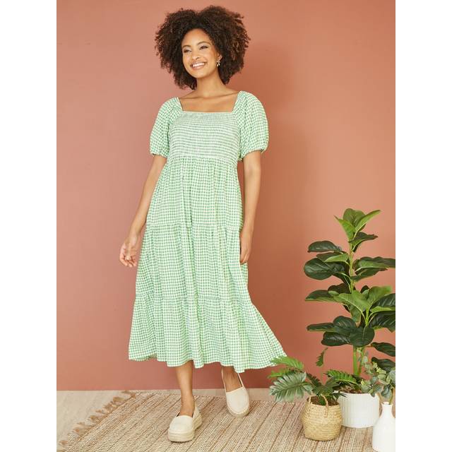 Yumi Green Cotton Gingham Smock Puff Sleeve Midi Dress - Size 16 UK - Yumi