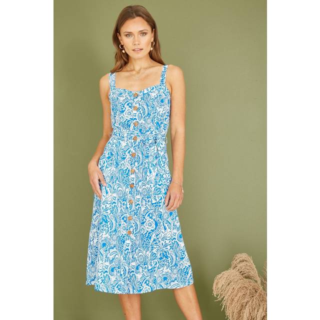Yumi Blue Paisley leaf Print Midi Sundress - Size 10 UK - Yumi