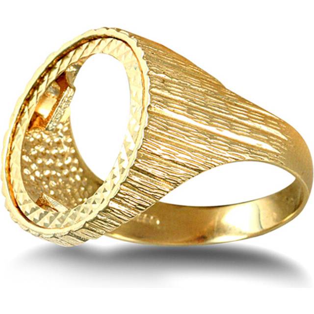 (V) Jewelco London Men's Solid 9ct Yellow Gold Ribbed Barked 10th Ounce Krugerrand Brittania Coin Mount Ring - JRN183-T