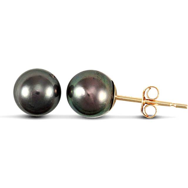 Jewelco London Ladies 9ct Yellow Gold Black Iridescent Peacock Seawater Cultured Akoya Pearl Full Moon Stud Earrings 6-6.5mm - JES148
