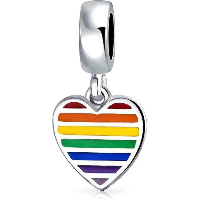 Unisex Sterling Silver Inspirational LGBTQ Rights Symbol Rainbow Disc Tag Heart Dangle Bead Charm Personalized Engraving .925