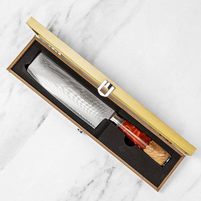 Katana Saya Volcanic 18cm Damascus Nakiri Knife - can be Engraved or Personalised - Red