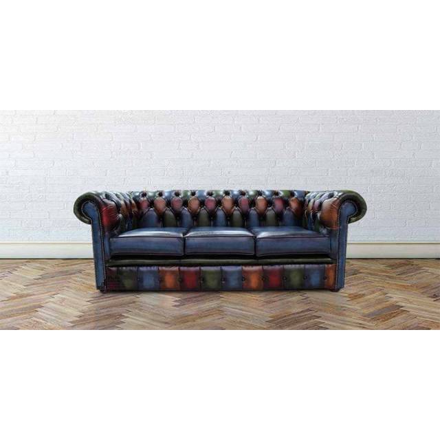 Chesterfield Patchwork 3 Seater Sofa Settee Antique Real Leather - Multi