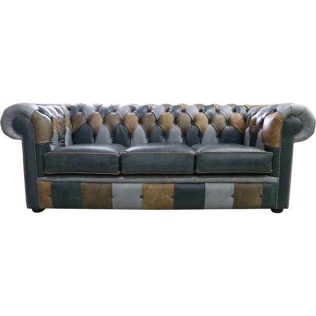Chesterfield 3 Seater Vintage Patchwork Leather Cracked Wax Sofa Settee - Multi,Grey,Brown,Tan