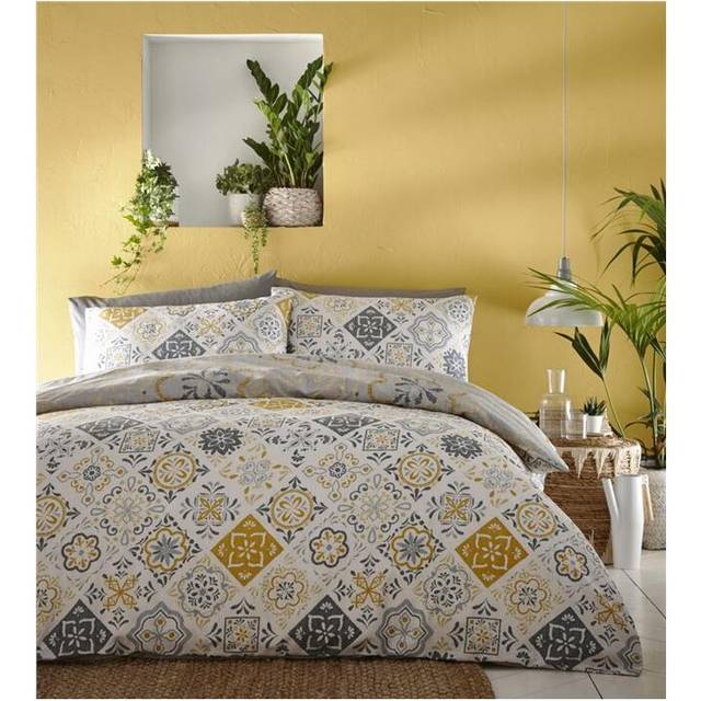 (Ochre, Double) Moroccan bedding eastern nights tile print duvet cover sets ochre yellow or teal