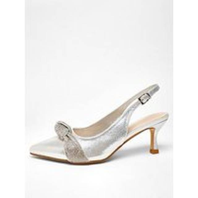 Wide Fit Diamante Knot Sling Back Low Heels - Silver - Size 3 - Quiz