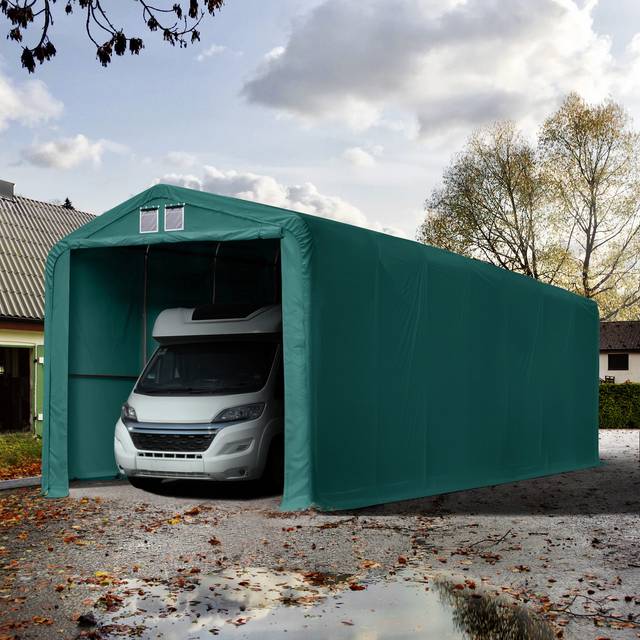 TOOLPORT 4x24m 3.35m Sides Carport Tent / Portable Garage, 3.5x3.5m Drive Through, PVC 850, dark green without statics package - (99518)