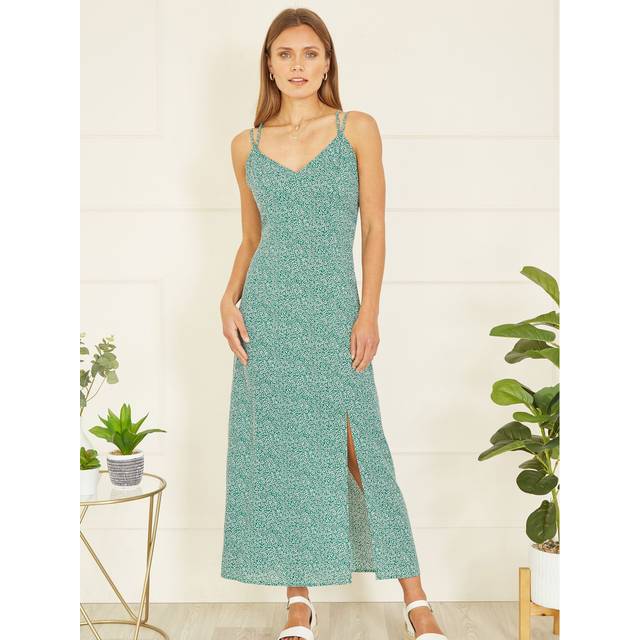 Mela Green Ditsy Print Midi Dress With Side Split - Size 16 UK - Mela
