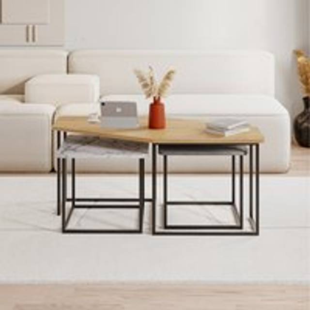 Decortie Nesting Table With 3-piece 60X110X48Cm Particleboard Oak, Retro Grey, White Marble Effect, Multi