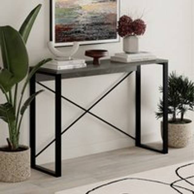 FWStyle Modern Archie Console Table Retro Grey 110Cm Narrow Entryway Table Modern Behind Sofa Table Hallway With Black Metal Legs, Grey
