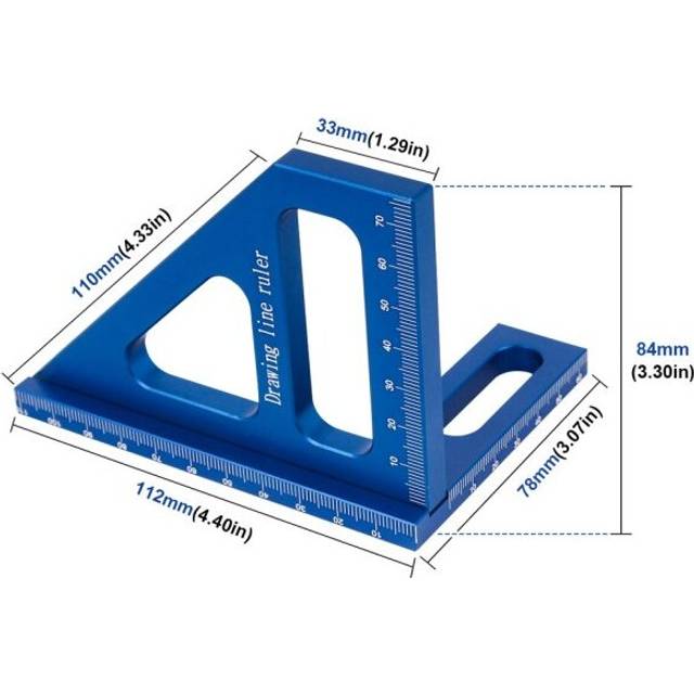 (Blue) Woodworking Square Protractor Aluminum Alloy Miter Triangle Ruler High Precision Layout Measuring Tool for Engineer Carpente