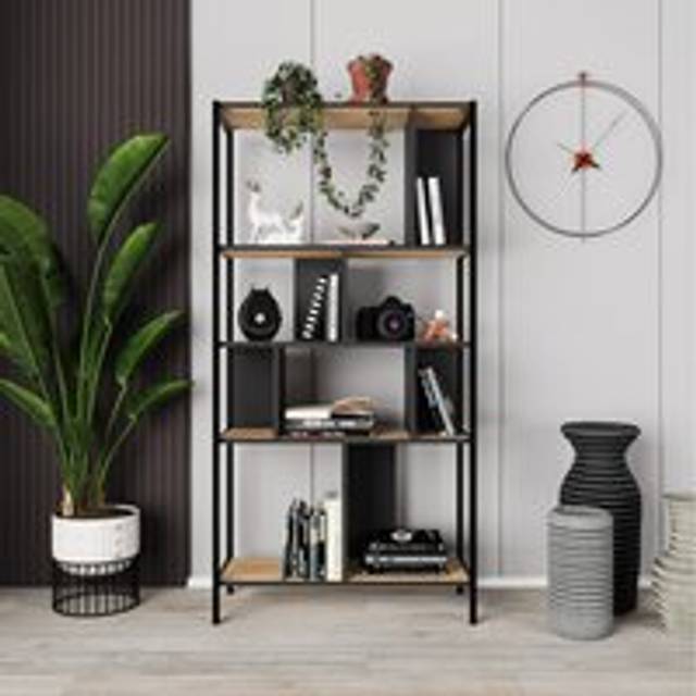 Decortie Modern Midi Bookcase 5-Tier Open Shelves Unit Metal Frames Room Divider Office Storage 88(W)Cm Oak, Silky Grey Black - One Size