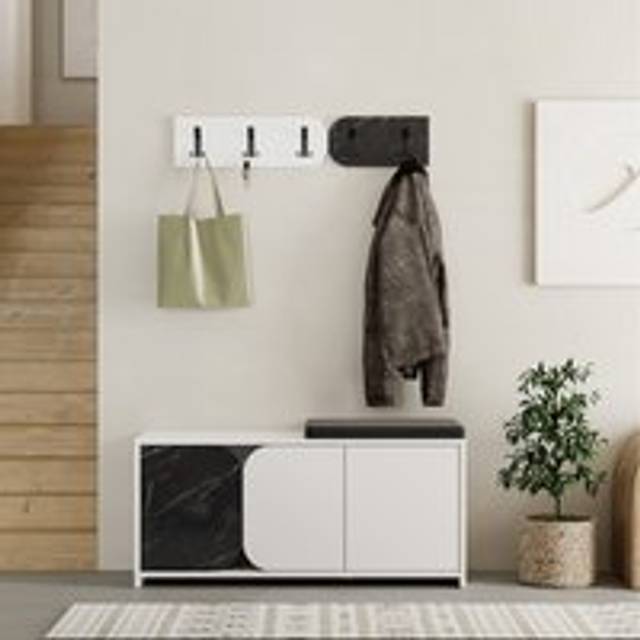 Decortie Moni 3 Door Black and White Shoe Cabinet with Coat Hanger Hook - Multi