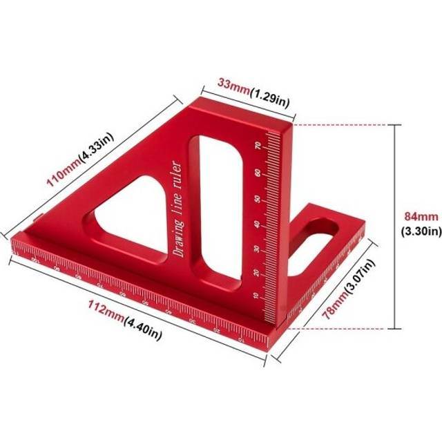 (Red) Woodworking Square Protractor Aluminum Alloy Miter Triangle Ruler High Precision Layout Measuring Tool for Engineer Carpente