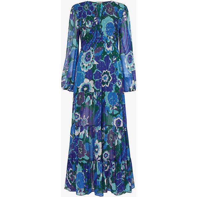 RIXO lori - miami floral emerald Midi Dress Regular / XXS/UK6 - Blue