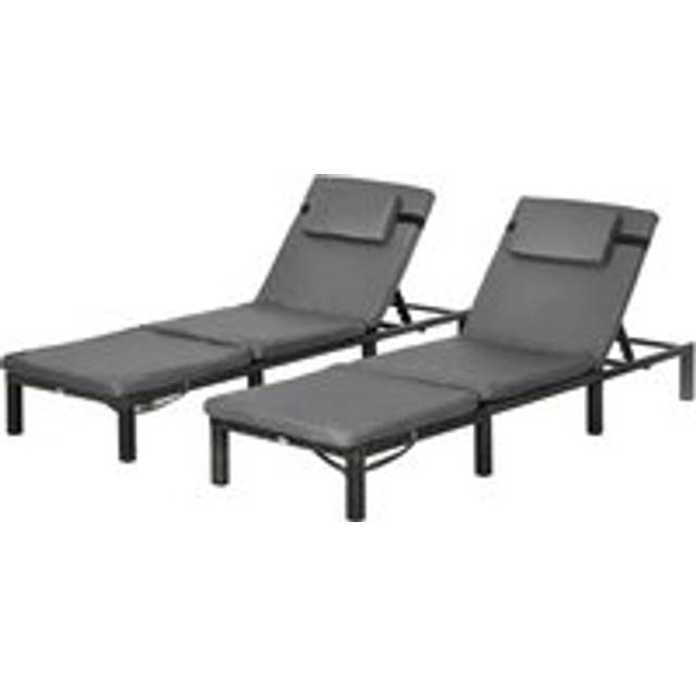 Outsunny Rattan Sun Loungers Set Of 2 With 5-level Adjustable Backrest, Wicker Lounge Chairs With Padded Cushion And Headrest For Outdoor Garden, Dark