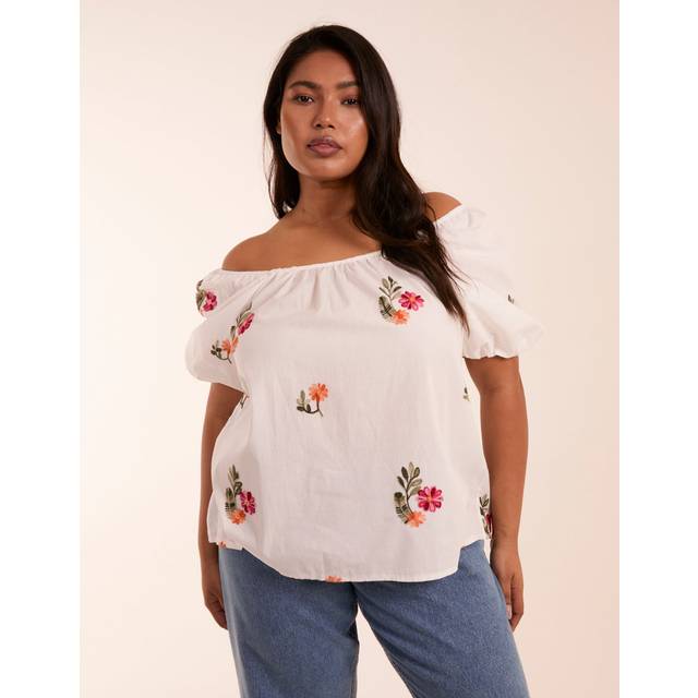 Blue Vanilla Curve Milkmaid Flower Embroidered Top In White - 18-20