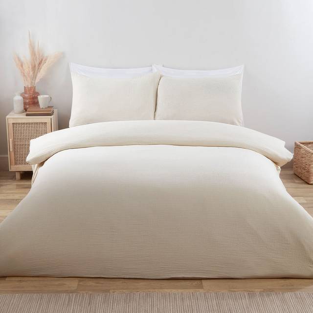 Alba Muslin Duvet Cover and Pillowcase Set - Natural / Superking - Neutral