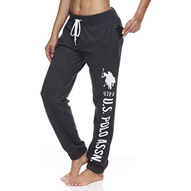 U.S. Polo Assn. Essentials Womens Lounge Pants with Pockets  French Terry Sweatpants for Women Dark Charcoal Heather/Light Pink Print  Large