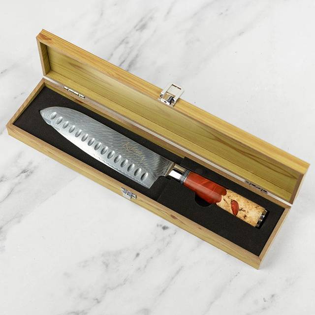 Katana Saya Volcanic 18cm Damascus Santoku Knife - can be Engraved or Personalised - Red
