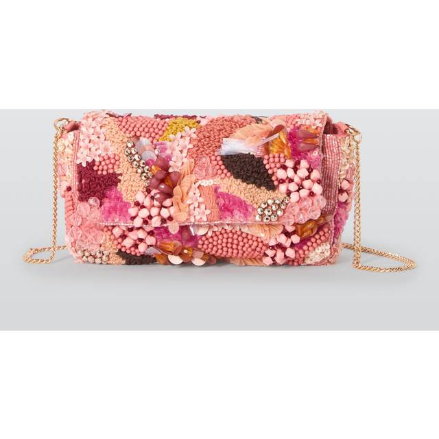 John Lewis Floral Beaded Flapover Bag, Pink/Multi