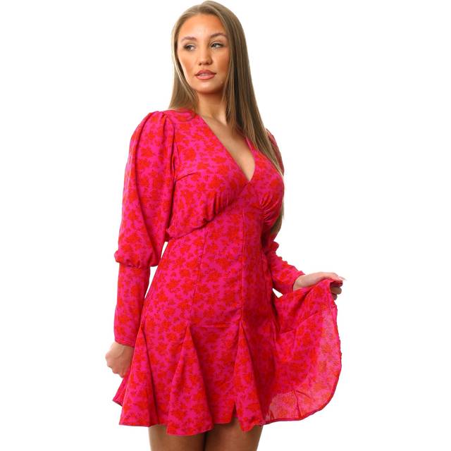 Ax Paris Pink Red V-Neck Long Sleeve Skater Dress - 6