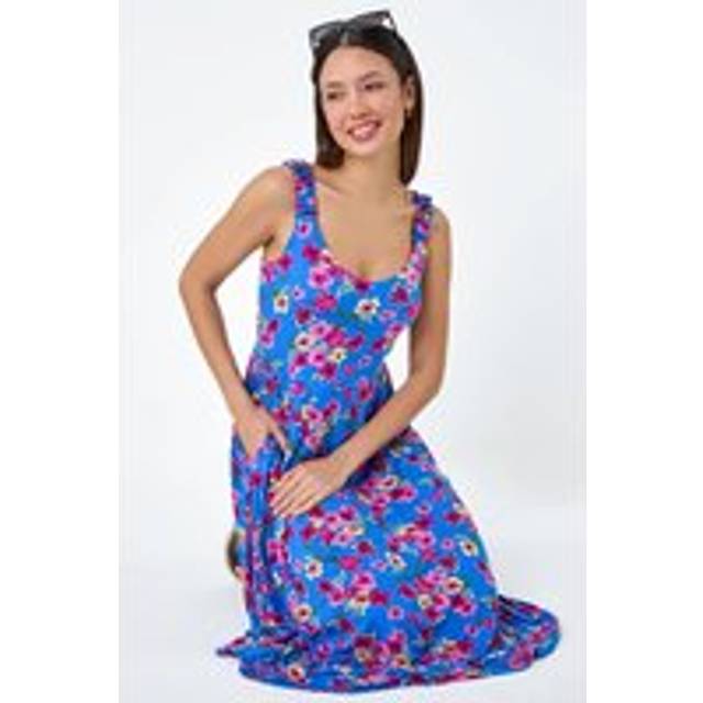 Roman Blue Floral Shirred Strap Midi Dress - Size 16