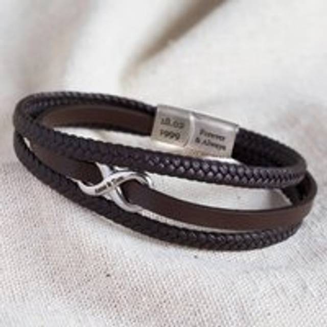 Men's Personalised Brown Leather Stainless Steel Infinity Bracelet - brown/silver - one size