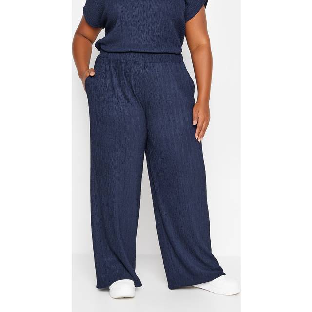 Yours Curve Navy Blue Crinkle Plisse Wide Leg Trousers, Women's Curve & Plus Size, Yours - 14