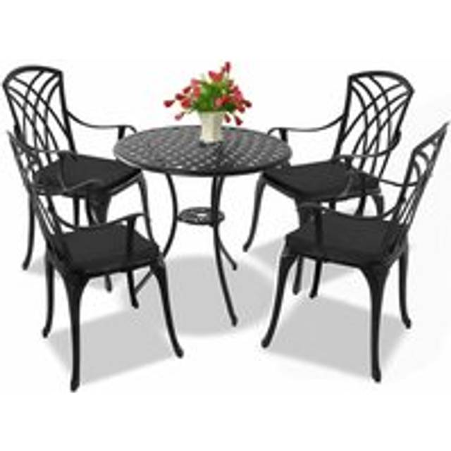 Centurion Supports OSHOWA Black Garden & Patio Table & 4 Large Chairs with Armrests Cast Aluminium Bistro Set - Black Cushions
