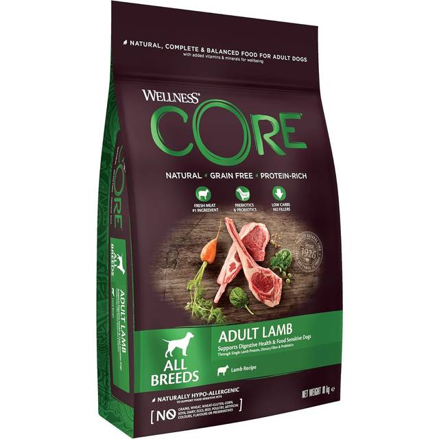 Wellness Core Adult lamm, hundtorrfoder för hälsosam matsmältning, spannmålsfritt, med hög kötthalt, lamm, 10 kg